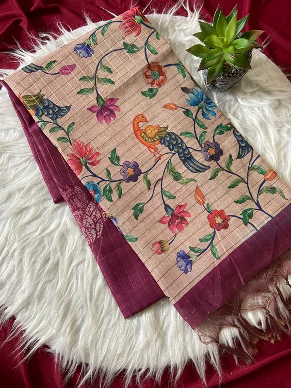 Soft_Tussar_Silk_sarees_with_Beautiful_Style_Of_Kalamkari_Digital_Print_With_Attractive_Border_And_Contrast_Print_Blouse_With_Tassels