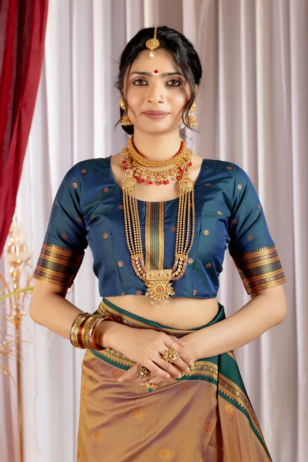 Narayana_Pattu_Narayanpet_Silk_sarees_with_Beautiful_Booti_in_Contrast_Green-Khaki_Shades_With_Attractive_Weaving_Gold_Zari_Design_And_Contrast_Blouse_With_Tassels