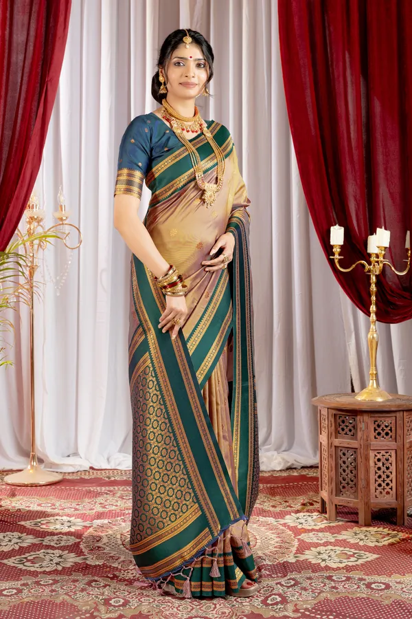Narayana_Pattu_Narayanpet_Silk_sarees_with_Beautiful_Booti_in_Contrast_Green-Khaki_Shades_With_Attractive_Weaving_Gold_Zari_Design_And_Contrast_Blouse_With_Tassels