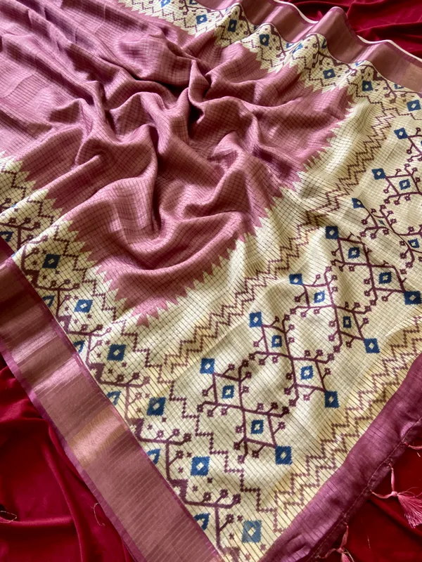 Soft_Tussar_Silk_sarees_with_Beautiful_Digital_Print_With_Attractive_Checks_Design_Saree_And_Digital_Print_Blouse_With_Tassels