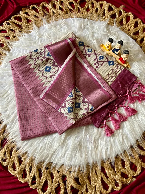 Soft_Tussar_Silk_sarees_with_Beautiful_Digital_Print_With_Attractive_Checks_Design_Saree_And_Digital_Print_Blouse_With_Tassels