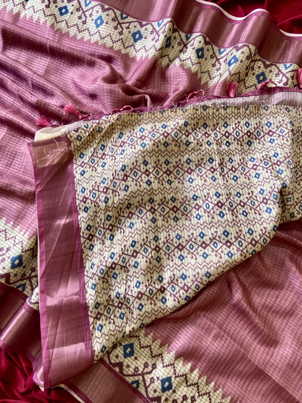 Soft_Tussar_Silk_sarees_with_Beautiful_Digital_Print_With_Attractive_Checks_Design_Saree_And_Digital_Print_Blouse_With_Tassels