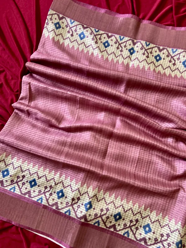 Soft_Tussar_Silk_sarees_with_Beautiful_Digital_Print_With_Attractive_Checks_Design_Saree_And_Digital_Print_Blouse_With_Tassels