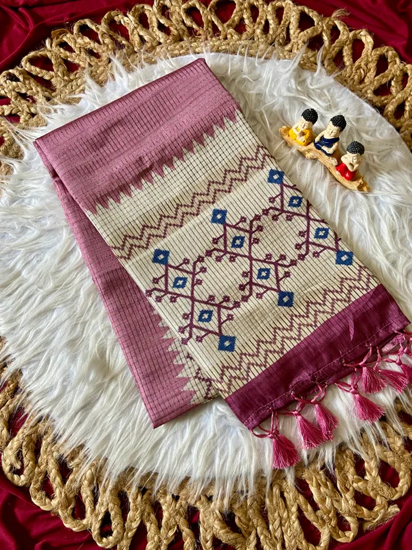 Soft_Tussar_Silk_sarees_with_Beautiful_Digital_Print_With_Attractive_Checks_Design_Saree_And_Digital_Print_Blouse_With_Tassels