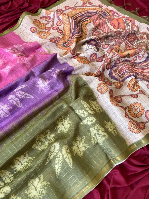 Soft_Tussar_Silk_sarees_with_Beautiful_Style_Of_Kalamkari_Digital_Print_With_Attractive_Border_And_Contrast_Print_Blouse_With_Tassels