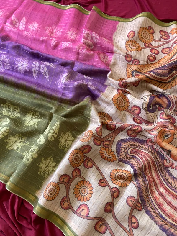 Soft_Tussar_Silk_sarees_with_Beautiful_Style_Of_Kalamkari_Digital_Print_With_Attractive_Border_And_Contrast_Print_Blouse_With_Tassels
