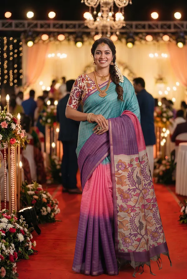 Soft_Semi_Tussar_Silk_sarees_with_Beautiful_Digital_Print_With_Attractive_Border_And_Contrast_Print_Blouse_With_Tassels