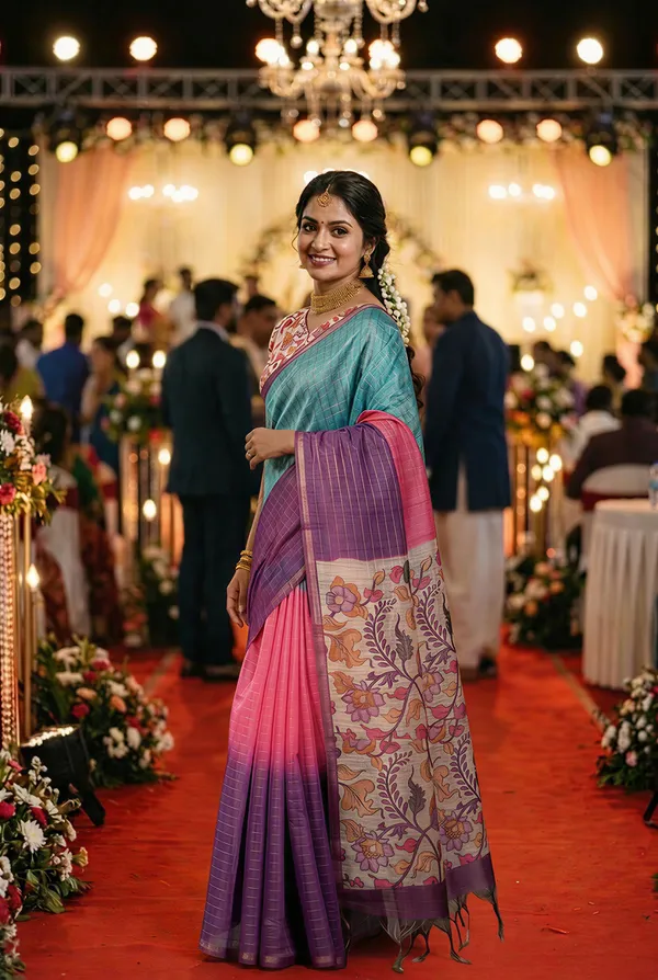 Soft_Semi_Tussar_Silk_sarees_with_Beautiful_Digital_Print_With_Attractive_Border_And_Contrast_Print_Blouse_With_Tassels