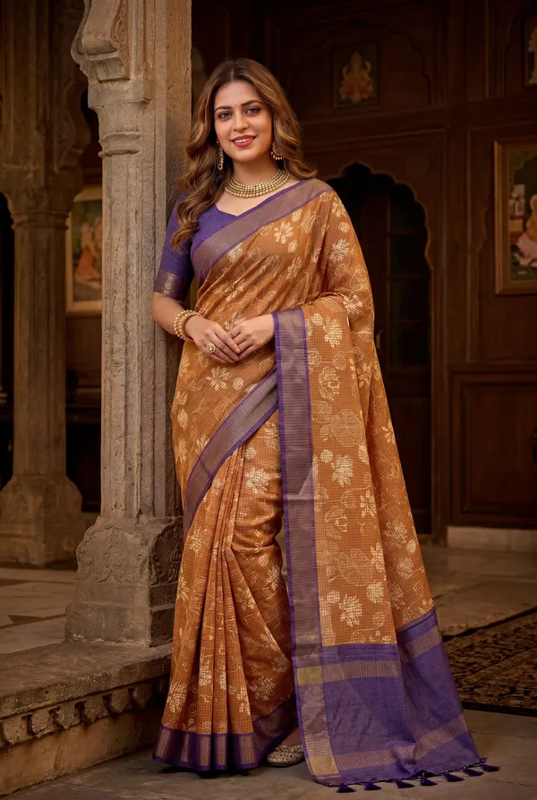 Soft_Tussar_Silk_sarees_with_Beautiful_Digital_Print_With_Attractive_Checks_Design_Saree_And_Digital_Print_Blouse_With_Tassels
