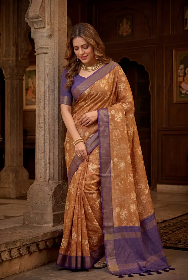 Soft_Tussar_Silk_sarees_with_Beautiful_Digital_Print_With_Attractive_Checks_Design_Saree_And_Digital_Print_Blouse_With_Tassels