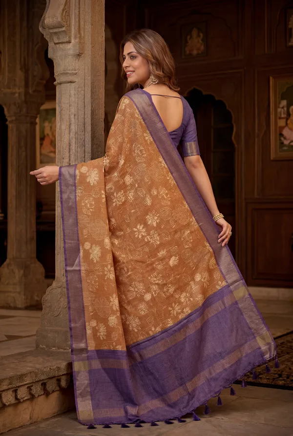 Soft_Tussar_Silk_sarees_with_Beautiful_Digital_Print_With_Attractive_Checks_Design_Saree_And_Digital_Print_Blouse_With_Tassels
