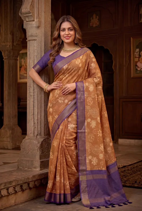 Soft_Tussar_Silk_sarees_with_Beautiful_Digital_Print_With_Attractive_Checks_Design_Saree_And_Digital_Print_Blouse_With_Tassels