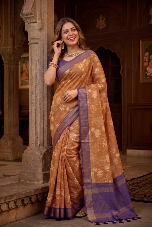 Soft_Tussar_Silk_sarees_with_Beautiful_Digital_Print_With_Attractive_Checks_Design_Saree_And_Digital_Print_Blouse_With_Tassels
