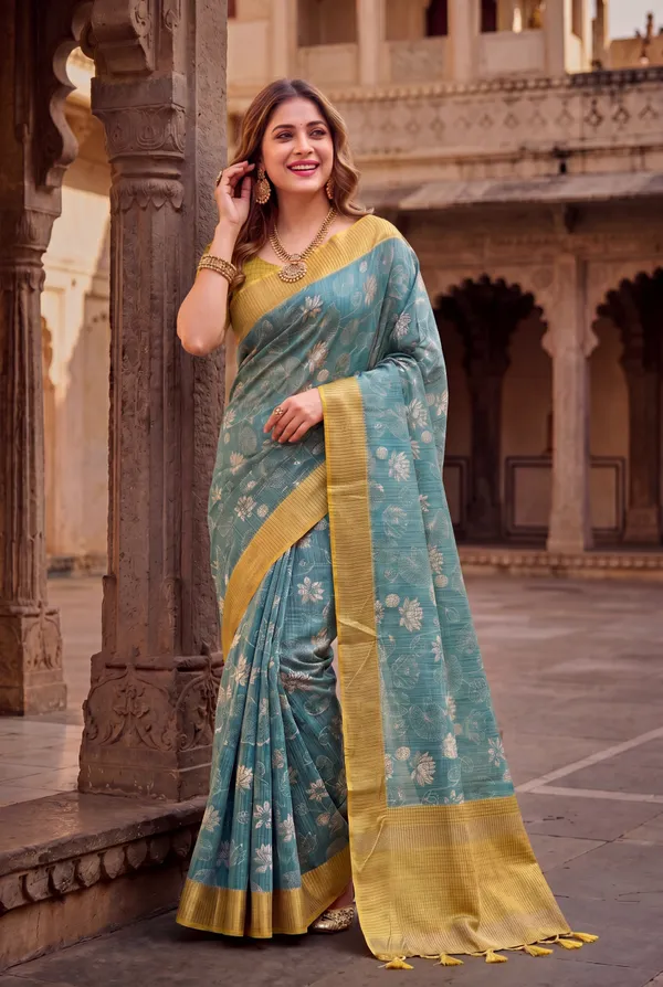 Soft_Tussar_Silk_sarees_with_Beautiful_Digital_Print_With_Attractive_Checks_Design_Saree_And_Digital_Print_Blouse_With_Tassels