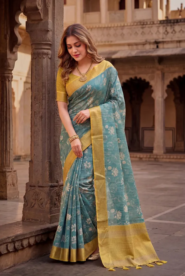 Soft_Tussar_Silk_sarees_with_Beautiful_Digital_Print_With_Attractive_Checks_Design_Saree_And_Digital_Print_Blouse_With_Tassels