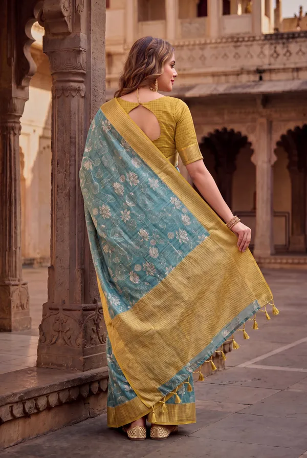 Soft_Tussar_Silk_sarees_with_Beautiful_Digital_Print_With_Attractive_Checks_Design_Saree_And_Digital_Print_Blouse_With_Tassels