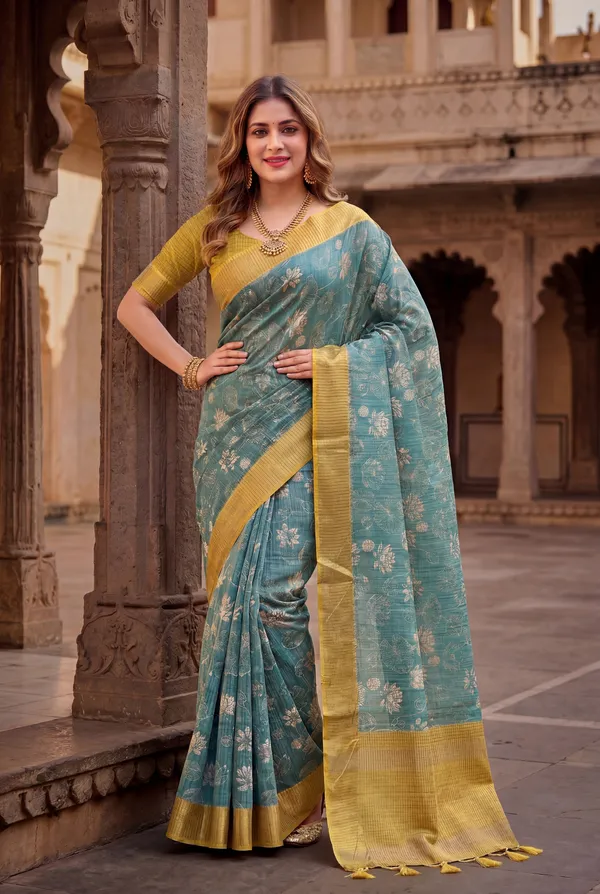 Soft_Tussar_Silk_sarees_with_Beautiful_Digital_Print_With_Attractive_Checks_Design_Saree_And_Digital_Print_Blouse_With_Tassels