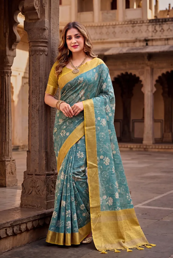 Soft_Tussar_Silk_sarees_with_Beautiful_Digital_Print_With_Attractive_Checks_Design_Saree_And_Digital_Print_Blouse_With_Tassels