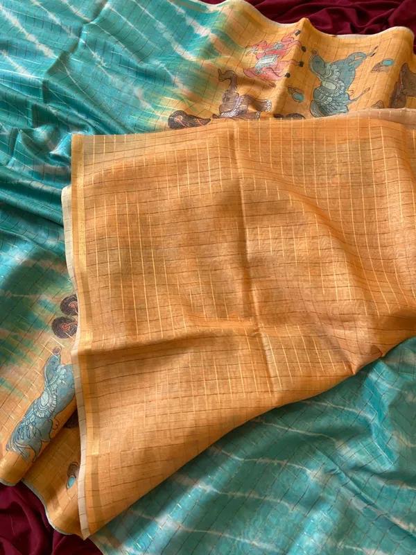 Soft_Tussar_Silk_sarees_with_Beautiful_Srikalahasti_Style_Of_Kalamkari_Digital_Print_With_Attractive_Border_And_Contrast_Print_Blouse_With_Tassels