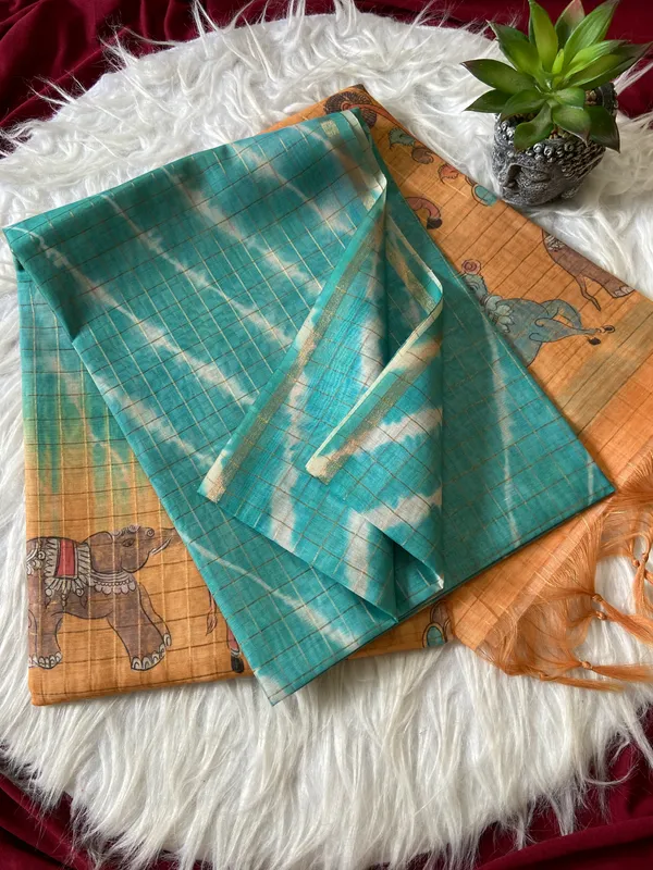 Soft_Tussar_Silk_sarees_with_Beautiful_Srikalahasti_Style_Of_Kalamkari_Digital_Print_With_Attractive_Border_And_Contrast_Print_Blouse_With_Tassels