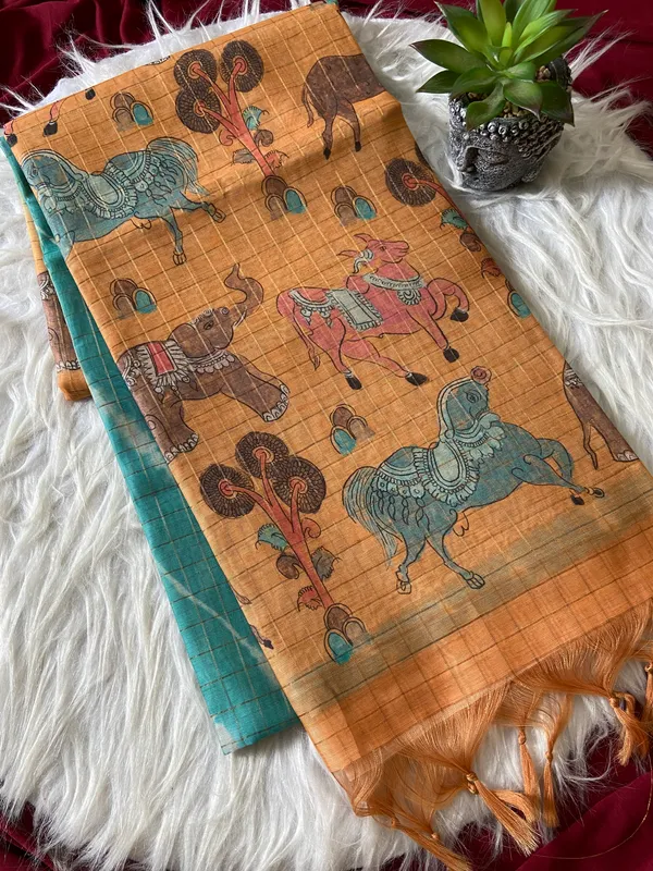 Soft_Tussar_Silk_sarees_with_Beautiful_Srikalahasti_Style_Of_Kalamkari_Digital_Print_With_Attractive_Border_And_Contrast_Print_Blouse_With_Tassels