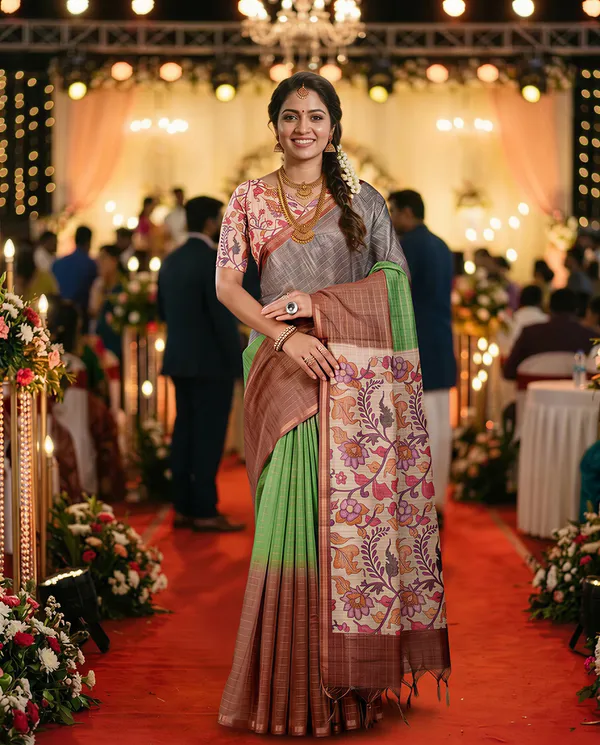 Soft_Semi_Tussar_Silk_sarees_with_Beautiful_Digital_Print_With_Attractive_Border_And_Contrast_Print_Blouse_With_Tassels