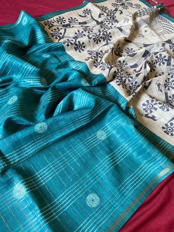 Soft_Semi_Tussar_Silk_sarees_with_Beautiful_Digital_Print_With_Attractive_Border_And_Contrast_Print_Blouse_With_Tassels