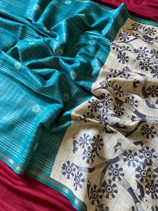 Soft_Semi_Tussar_Silk_sarees_with_Beautiful_Digital_Print_With_Attractive_Border_And_Contrast_Print_Blouse_With_Tassels