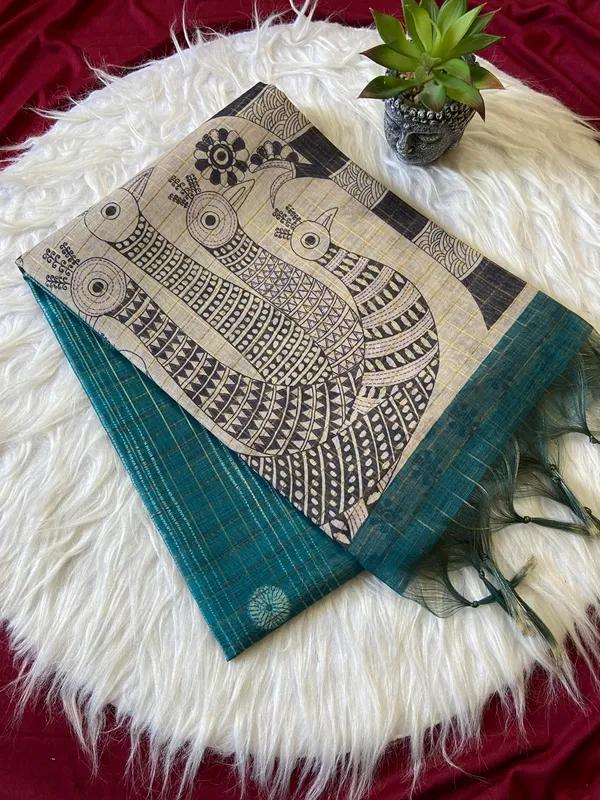 Soft_Semi_Tussar_Silk_sarees_with_Beautiful_Digital_Print_With_Attractive_Border_And_Contrast_Print_Blouse_With_Tassels