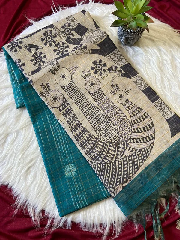 Soft_Semi_Tussar_Silk_sarees_with_Beautiful_Digital_Print_With_Attractive_Border_And_Contrast_Print_Blouse_With_Tassels