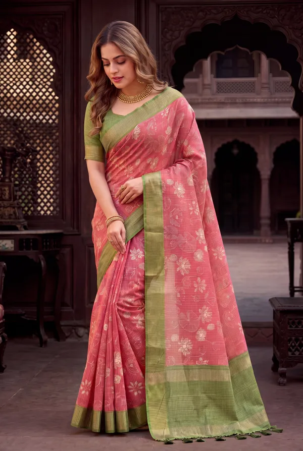 Soft_Tussar_Silk_sarees_with_Beautiful_Digital_Print_With_Attractive_Checks_Design_Saree_And_Digital_Print_Blouse_With_Tassels