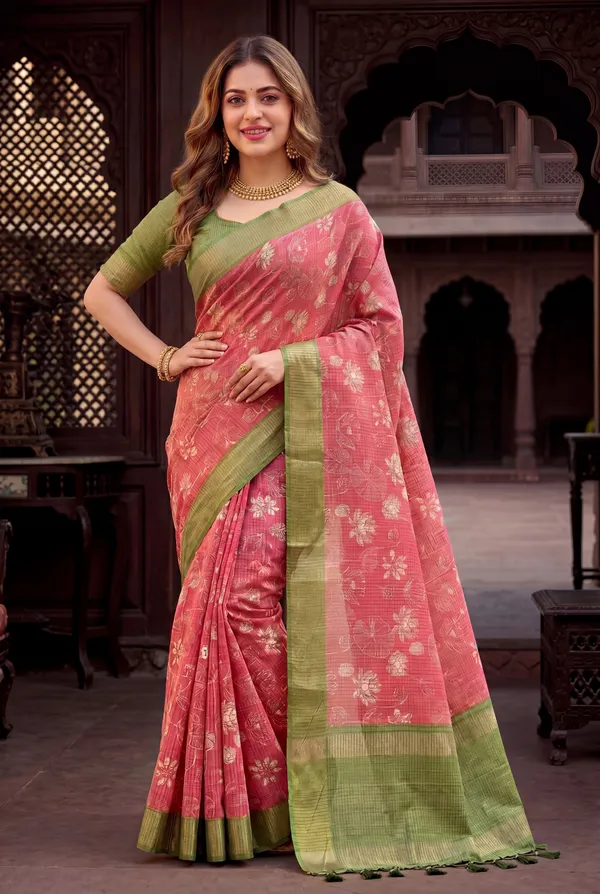 Soft_Tussar_Silk_sarees_with_Beautiful_Digital_Print_With_Attractive_Checks_Design_Saree_And_Digital_Print_Blouse_With_Tassels