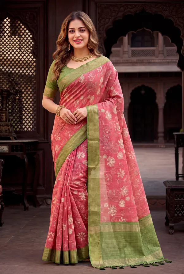 Soft_Tussar_Silk_sarees_with_Beautiful_Digital_Print_With_Attractive_Checks_Design_Saree_And_Digital_Print_Blouse_With_Tassels