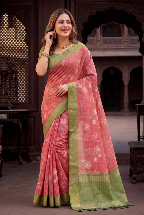 Soft_Tussar_Silk_sarees_with_Beautiful_Digital_Print_With_Attractive_Checks_Design_Saree_And_Digital_Print_Blouse_With_Tassels
