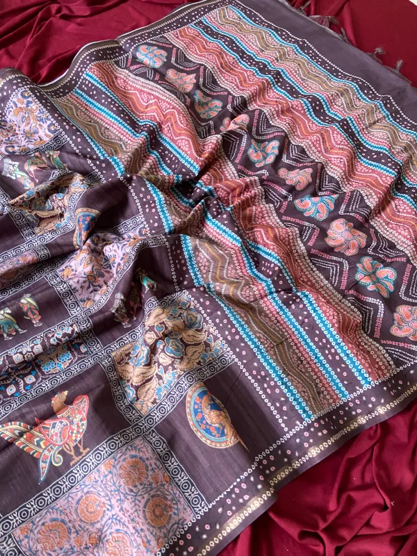 Soft_Tussar_Silk_sarees_with_Beautiful_Digital_Print_With_Attractive_Border_And_Contrast_Print_Blouse_With_Tassels