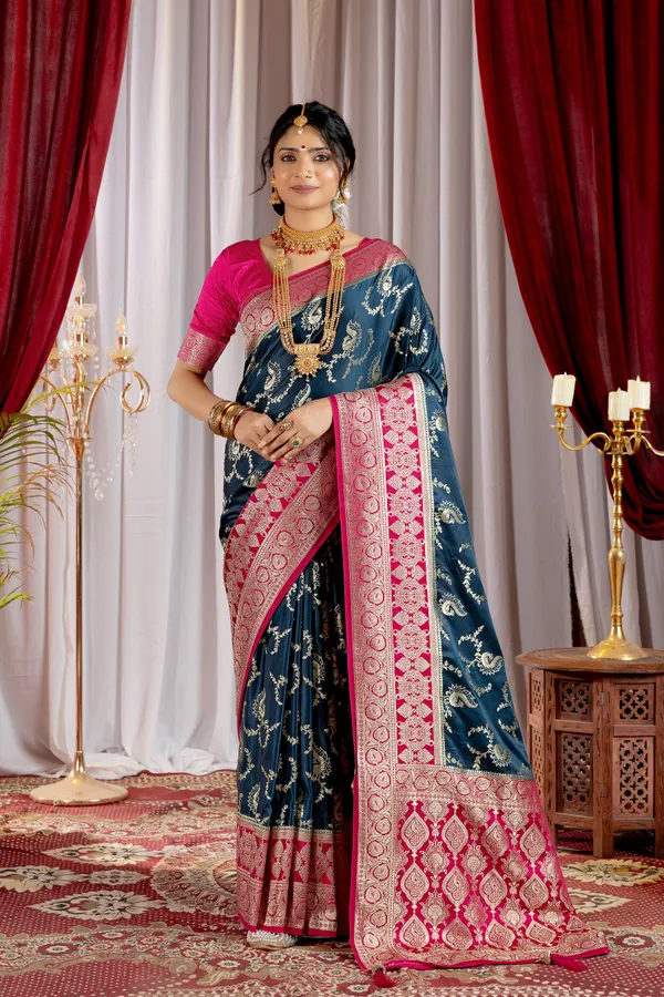 Banarasi_Pure_Satin_Silk_sarees_with_Beautiful_Peacock_in_Contrast_Pink-Blue_Shades_With_Attractive_Weaving_Gold_Zari_Design_And_Contrast_Blouse_With_Tassels