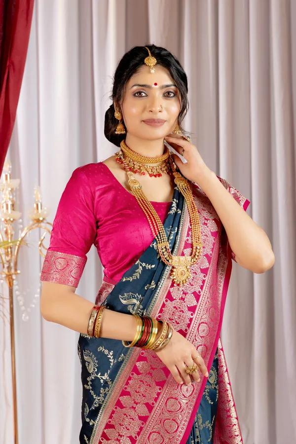 Banarasi_Pure_Satin_Silk_sarees_with_Beautiful_Peacock_in_Contrast_Pink-Blue_Shades_With_Attractive_Weaving_Gold_Zari_Design_And_Contrast_Blouse_With_Tassels