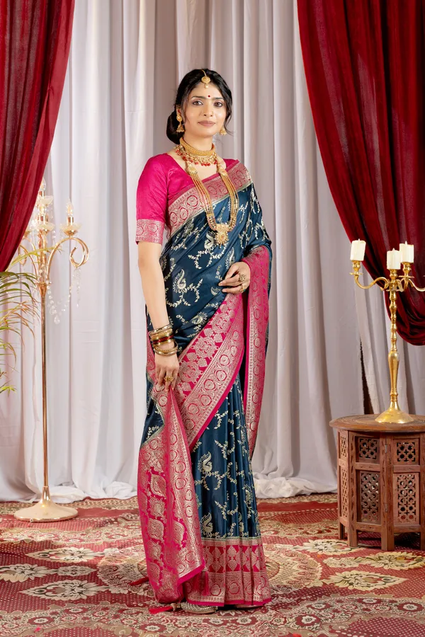 Banarasi_Pure_Satin_Silk_sarees_with_Beautiful_Peacock_in_Contrast_Pink-Blue_Shades_With_Attractive_Weaving_Gold_Zari_Design_And_Contrast_Blouse_With_Tassels