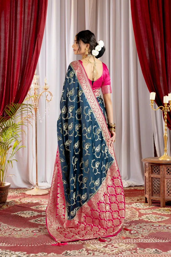 Banarasi_Pure_Satin_Silk_sarees_with_Beautiful_Peacock_in_Contrast_Pink-Blue_Shades_With_Attractive_Weaving_Gold_Zari_Design_And_Contrast_Blouse_With_Tassels