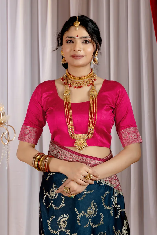 Banarasi_Pure_Satin_Silk_sarees_with_Beautiful_Peacock_in_Contrast_Pink-Blue_Shades_With_Attractive_Weaving_Gold_Zari_Design_And_Contrast_Blouse_With_Tassels