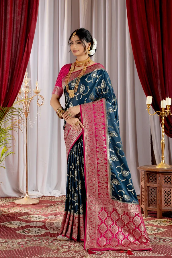 Banarasi_Pure_Satin_Silk_sarees_with_Beautiful_Peacock_in_Contrast_Pink-Blue_Shades_With_Attractive_Weaving_Gold_Zari_Design_And_Contrast_Blouse_With_Tassels