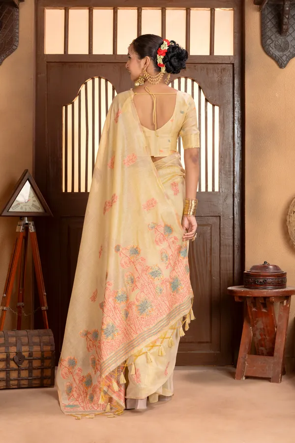 Premium_Soft_Muga_Cotton_sarees_with_Beautiful_?Colourfull_Resham_Weaving__Flower_Design_Pallu_With_Attractive_Traditional_Zari_Weaving__With_All_Over__Resham_Weaving__And_Resham_Weaving_Butti_Blouse_With_Fancy_Tassels