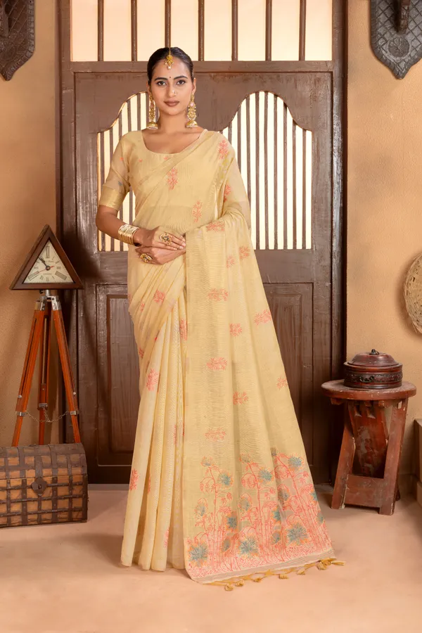 Premium_Soft_Muga_Cotton_sarees_with_Beautiful_?Colourfull_Resham_Weaving__Flower_Design_Pallu_With_Attractive_Traditional_Zari_Weaving__With_All_Over__Resham_Weaving__And_Resham_Weaving_Butti_Blouse_With_Fancy_Tassels