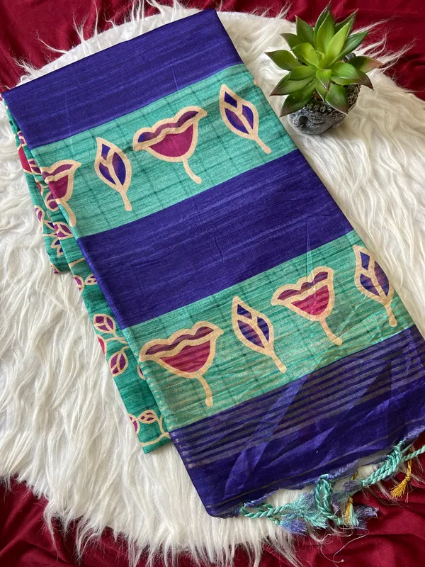 Soft_Tussar_Silk_sarees_with_Beautiful_Style_Of_Kalamkari_Digital_Print_With_Attractive_Border_And_Contrast_Print_Blouse_With_Tassels