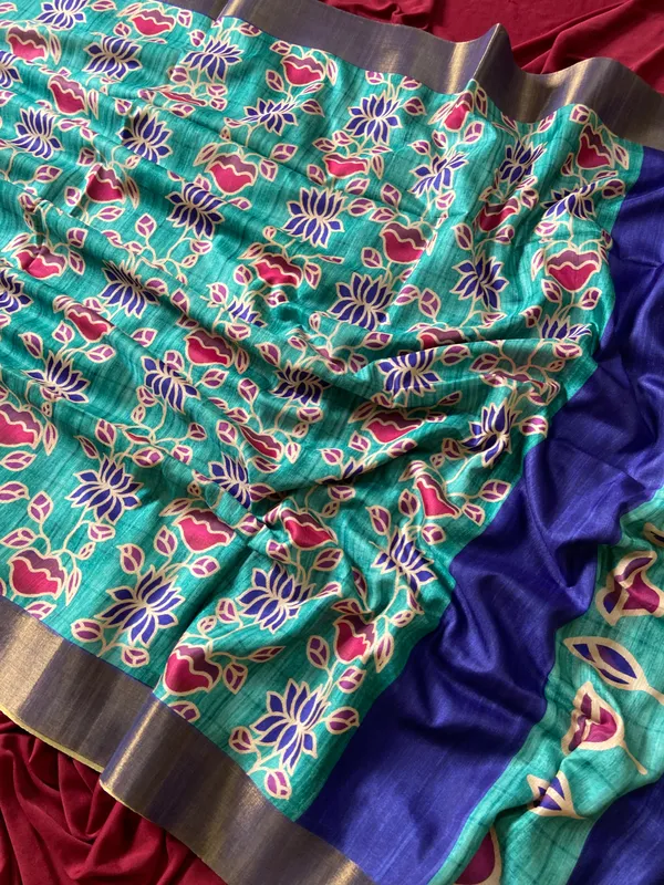 Soft_Tussar_Silk_sarees_with_Beautiful_Style_Of_Kalamkari_Digital_Print_With_Attractive_Border_And_Contrast_Print_Blouse_With_Tassels