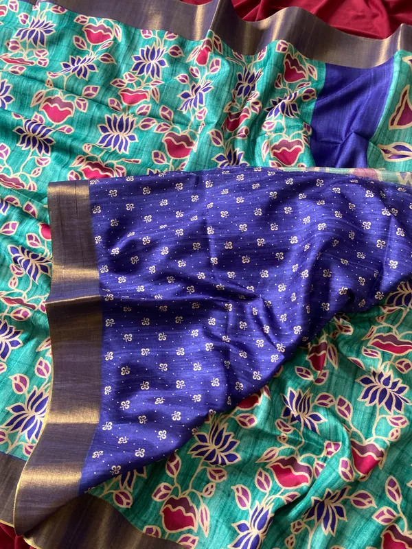 Soft_Tussar_Silk_sarees_with_Beautiful_Style_Of_Kalamkari_Digital_Print_With_Attractive_Border_And_Contrast_Print_Blouse_With_Tassels