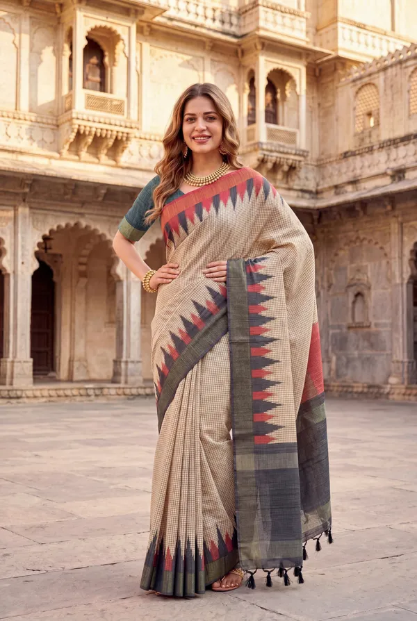Soft_Tussar_Silk_sarees_with_Beautiful_Digital_Print_With_Attractive_Checks_Design_Saree_And_Digital_Print_Blouse_With_Tassels
