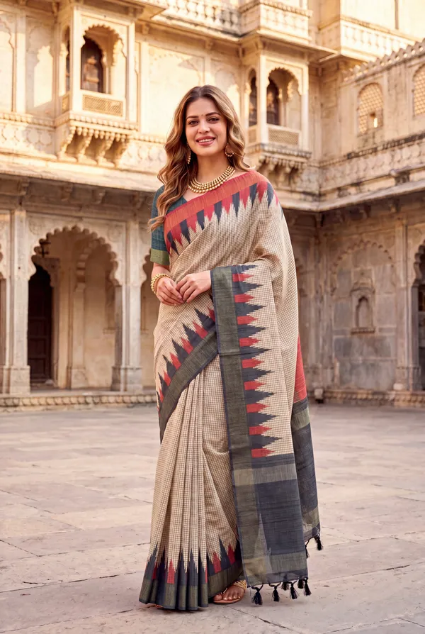 Soft_Tussar_Silk_sarees_with_Beautiful_Digital_Print_With_Attractive_Checks_Design_Saree_And_Digital_Print_Blouse_With_Tassels