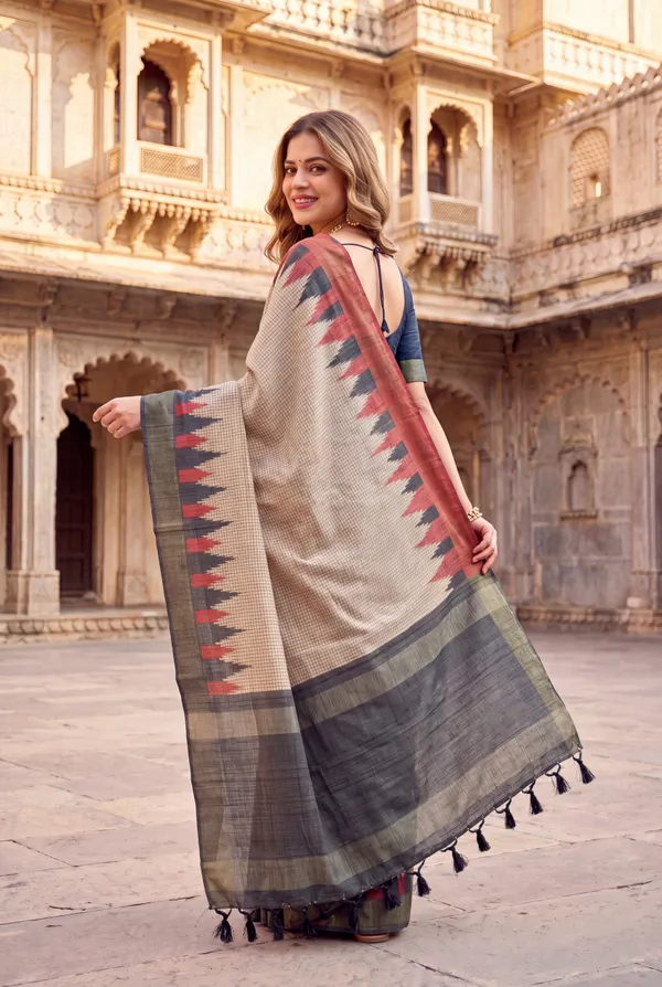 Soft_Tussar_Silk_sarees_with_Beautiful_Digital_Print_With_Attractive_Checks_Design_Saree_And_Digital_Print_Blouse_With_Tassels