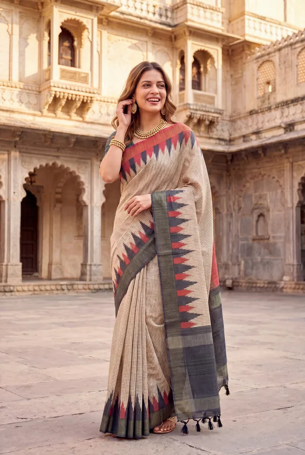 Soft_Tussar_Silk_sarees_with_Beautiful_Digital_Print_With_Attractive_Checks_Design_Saree_And_Digital_Print_Blouse_With_Tassels